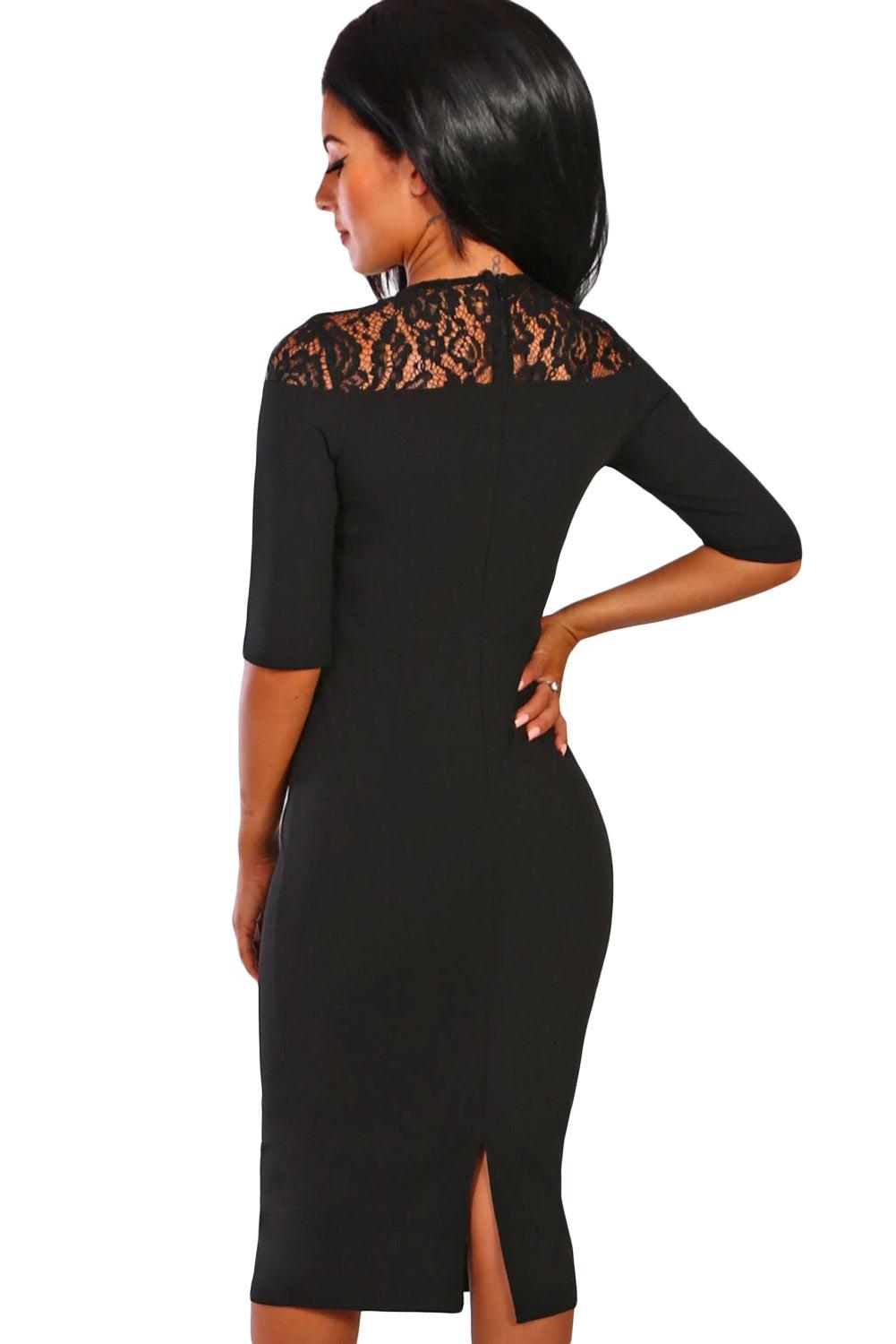 Lace Insert Notch V Neck Midi Dress