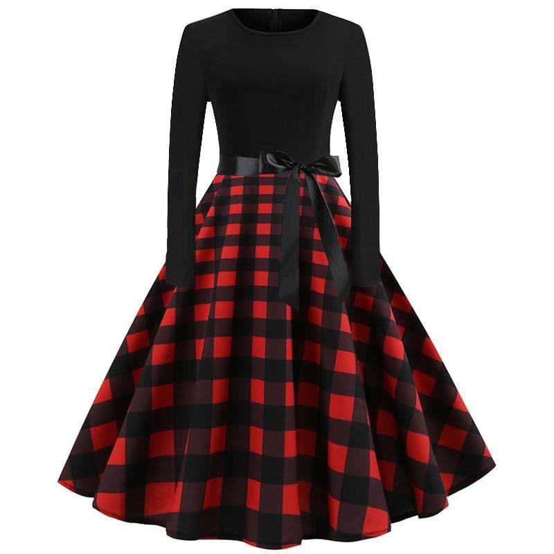Plaid Print Vintage Long Sleeve Women Dress