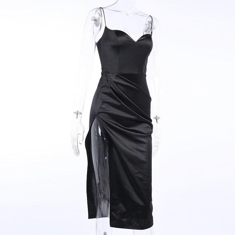 LVINMW  Black Satin Spaghetti Straps Low Cut Long Dress Women Summer Ruched Side High Split Maxi Dress Elegant Party Club