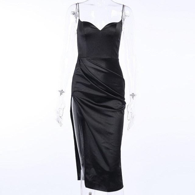 LVINMW  Black Satin Spaghetti Straps Low Cut Long Dress Women Summer Ruched Side High Split Maxi Dress Elegant Party Club