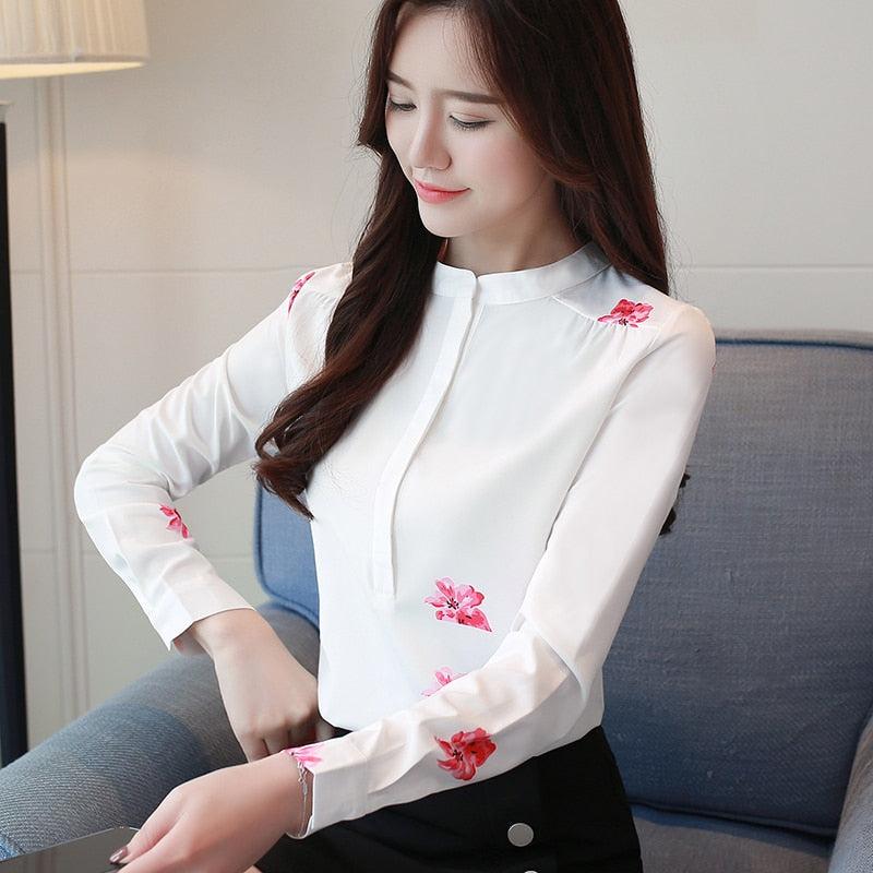 White Blouse Print Women Blouse Shirt Fashion