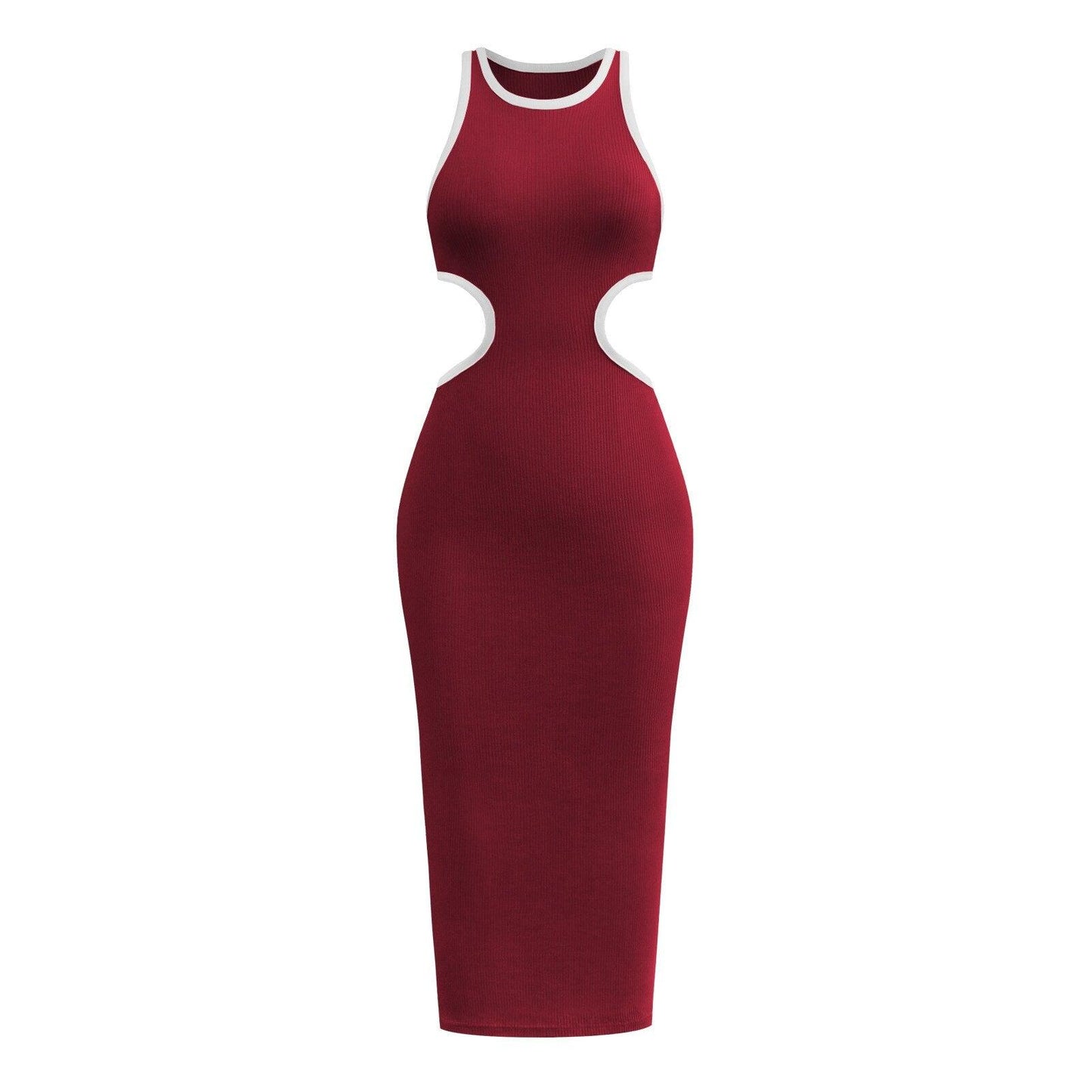 Knitted Ribbed Cut Out Long Tank Dresses Women Crewneck Backless Hollow Out Club Party Bodycon Maxi Dress Y2K Streetwear