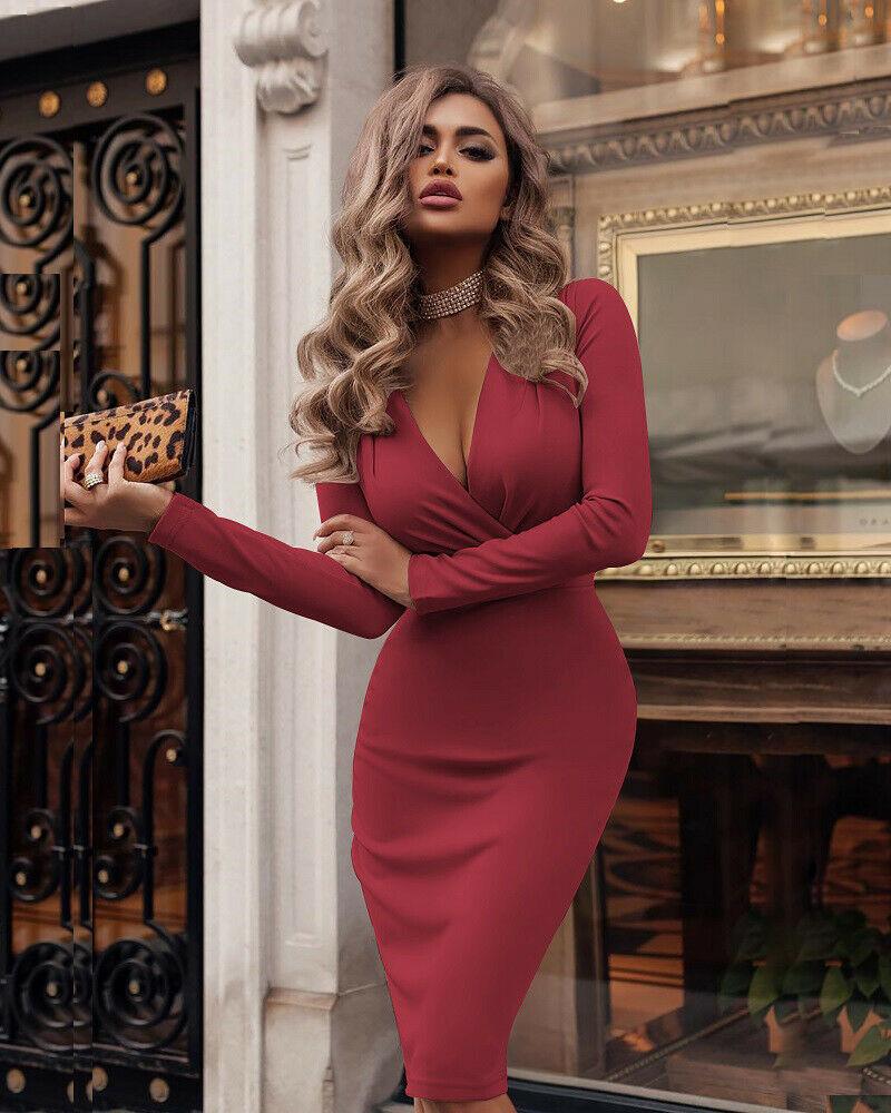 V Neck Long Sleeve Bodycon Midi Dress