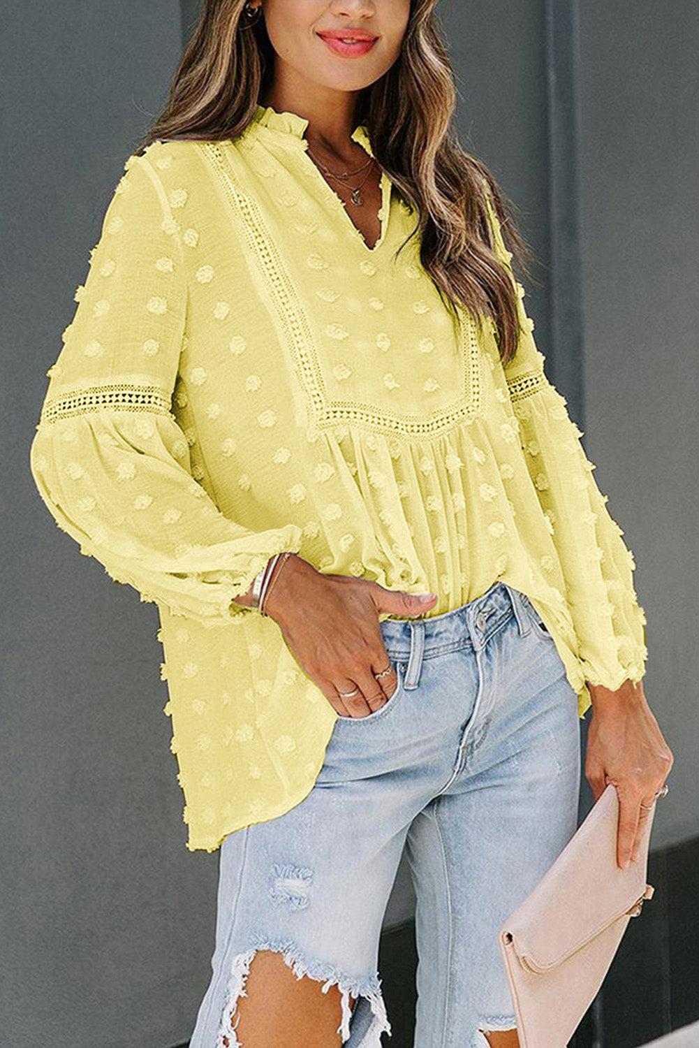 Swiss Dot Split Neck Ruffle Babydoll Blouse