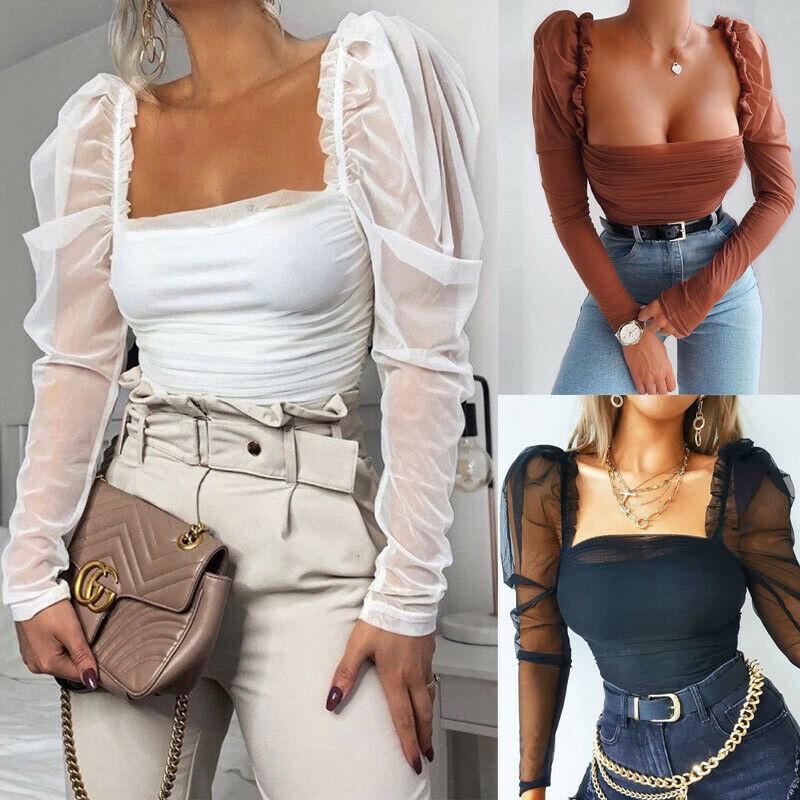 Women Blouse Casual Top Solid Mesh Puff Long Sleeve Ruched Square Neck Strap See through Tops Blouses Streetwear