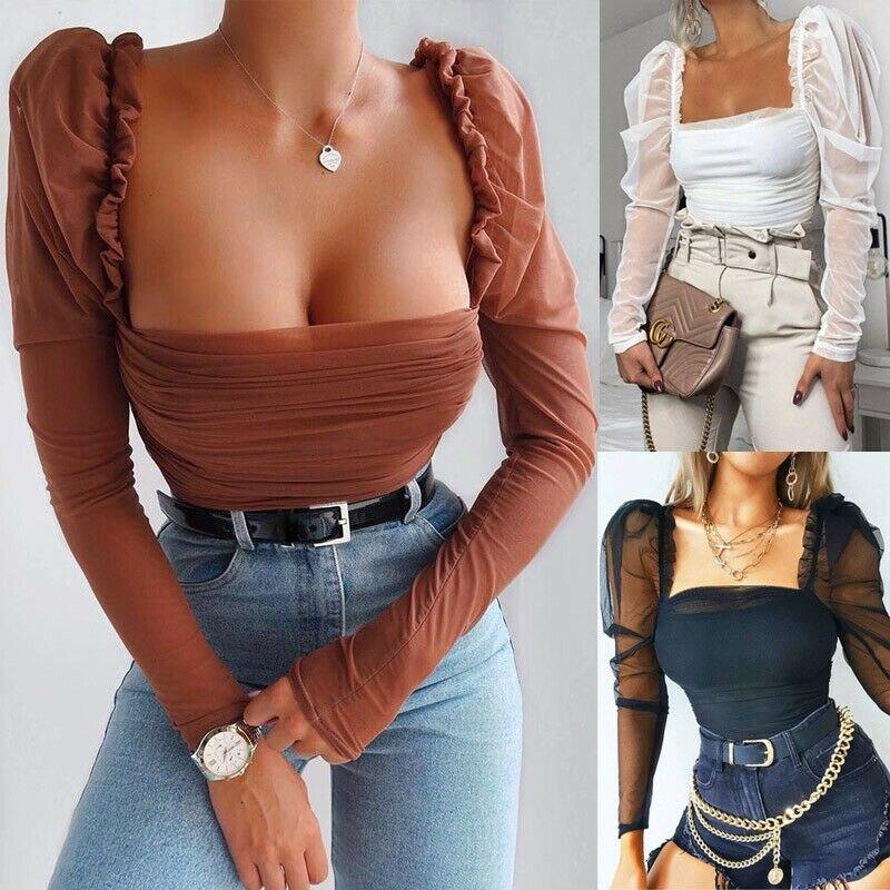 Women Blouse Casual Top Solid Mesh Puff Long Sleeve Ruched Square Neck Strap See through Tops Blouses Streetwear