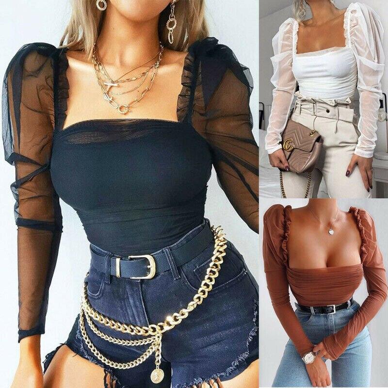 Women Blouse Casual Top Solid Mesh Puff Long Sleeve Ruched Square Neck Strap See through Tops Blouses Streetwear