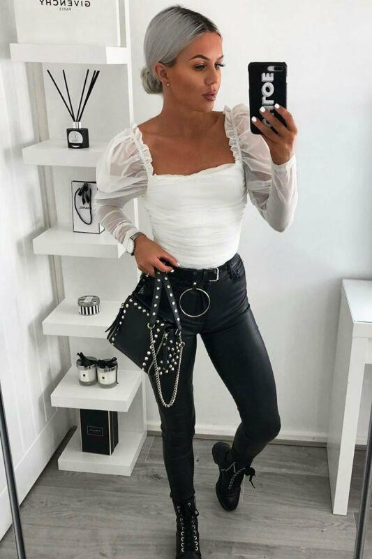 Women Blouse Casual Top Solid Mesh Puff Long Sleeve Ruched Square Neck Strap See through Tops Blouses Streetwear