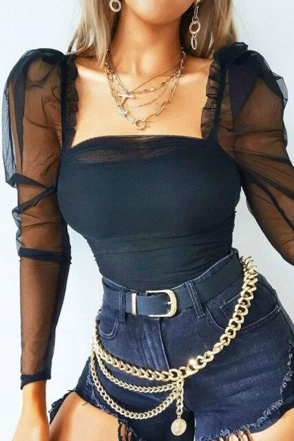 Women Blouse Casual Top Solid Mesh Puff Long Sleeve Ruched Square Neck Strap See through Tops Blouses Streetwear