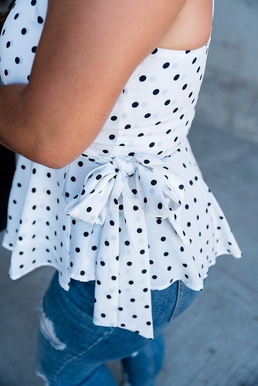 Polka Dot Print Bow Knot Warp V Neck Cami Top