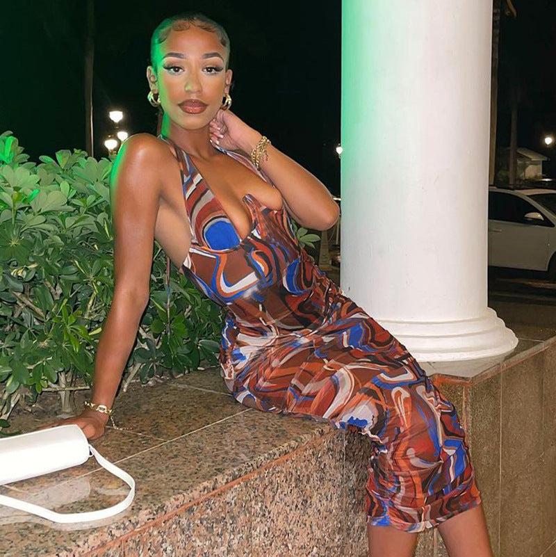 Women 2021 Autumn New Fashion Printed Lace-up  Backless Midi Dress