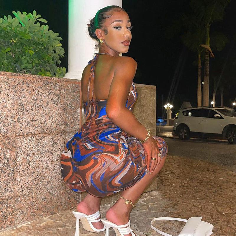 Women 2021 Autumn New Fashion Printed Lace-up  Backless Midi Dress