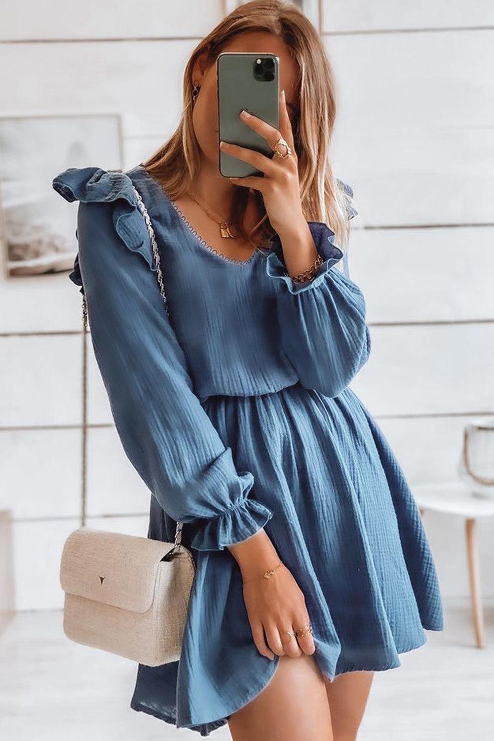 V Neck Puff Sleeves Crinkled Tunic Mini Dress