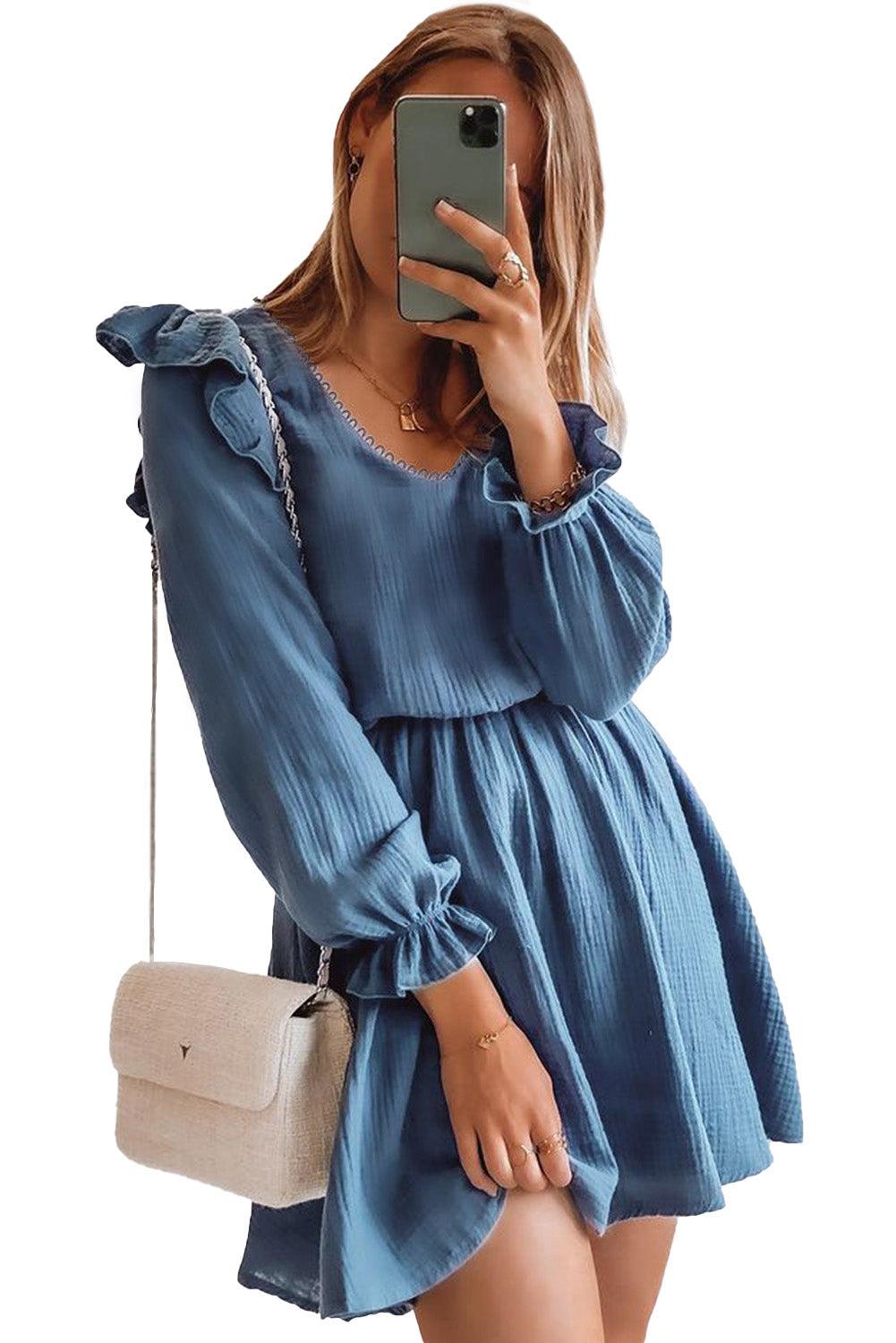 V Neck Puff Sleeves Crinkled Tunic Mini Dress