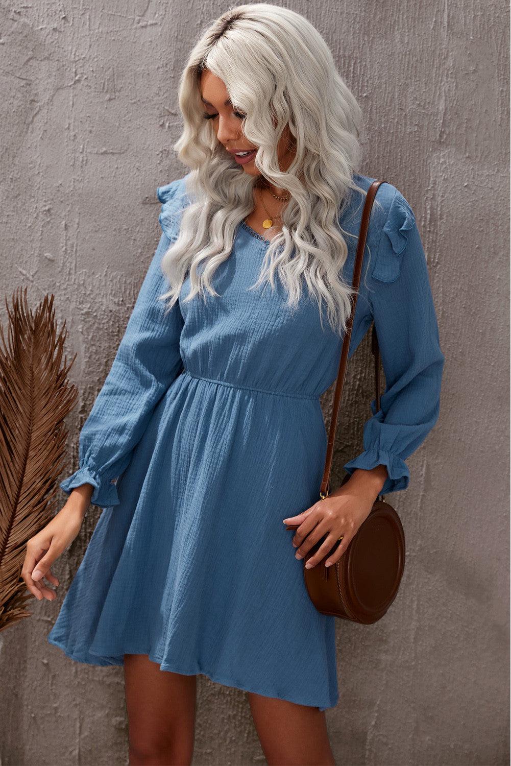 V Neck Puff Sleeves Crinkled Tunic Mini Dress