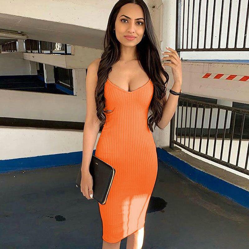 Toplook Orange Dresses 2019  High Waist Women Summber V-Neck Backless Knee Dress Spaghetti Bodycon Elegant Fashion Party
