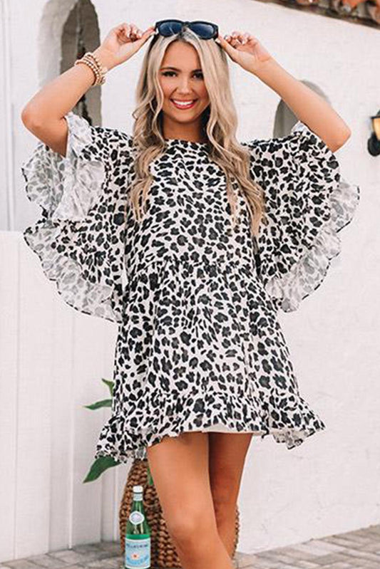 Print Crewneck Flare Sleeve Mini Dress