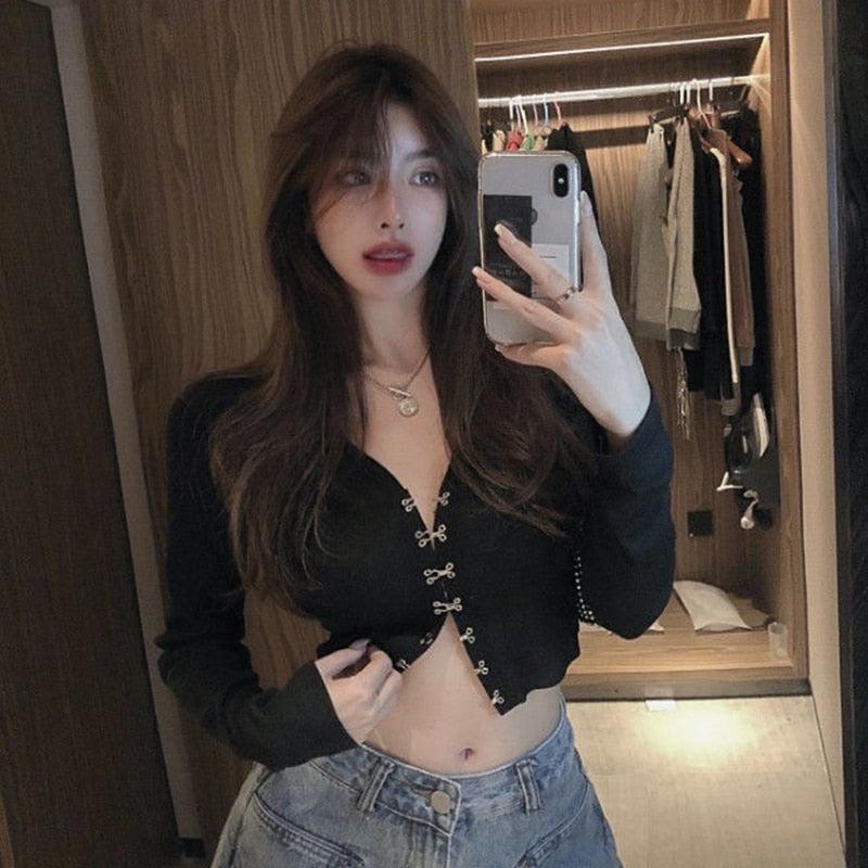 Autumn new блузка женская футболка Hong Kong taste  V-neck knitted bottoming shirt short top long sleeve women топ blouse