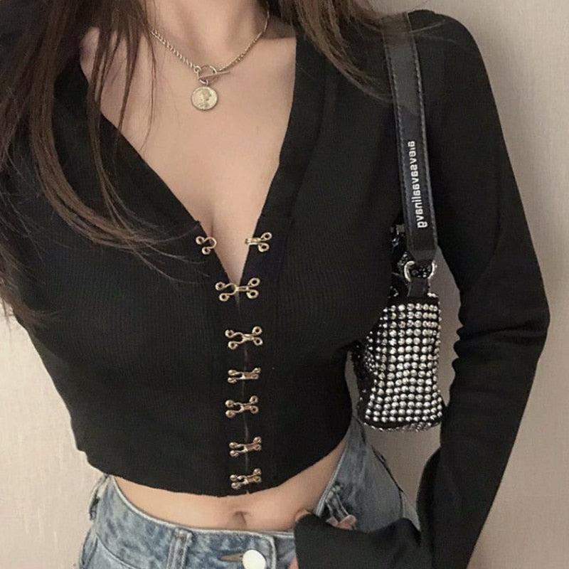 Autumn new блузка женская футболка Hong Kong taste  V-neck knitted bottoming shirt short top long sleeve women топ blouse