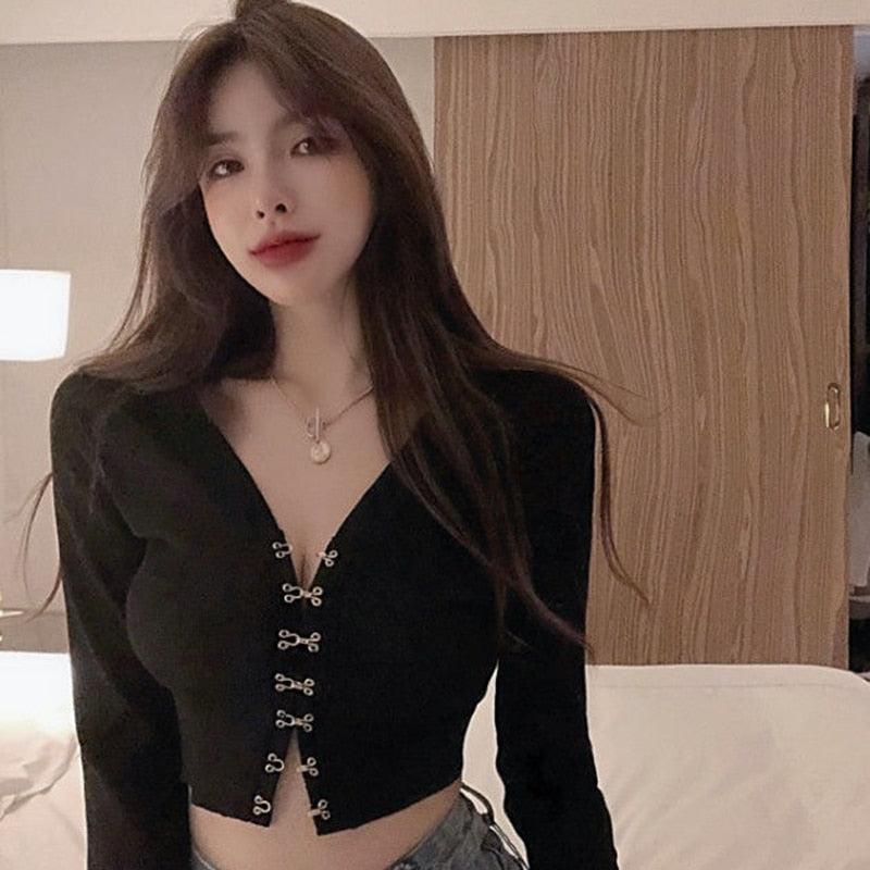 Autumn new блузка женская футболка Hong Kong taste  V-neck knitted bottoming shirt short top long sleeve women топ blouse