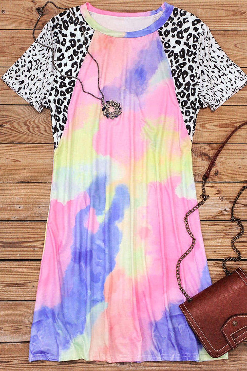 Tie Dye Leopard Splicing O-Neck Mini Dress