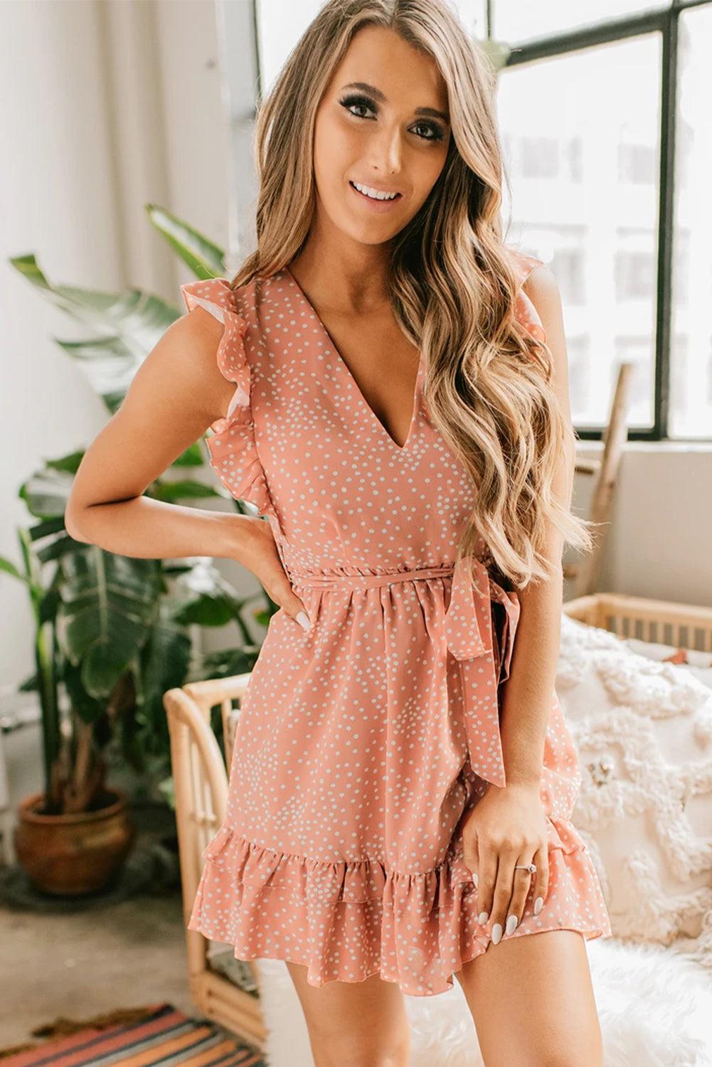 Polka Dot Print Ruffled Mini Dress with Belt
