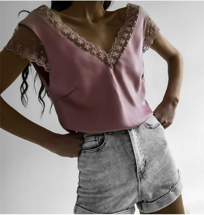 Short Sleeve Lace Tops V Neck Harajuku Blouse