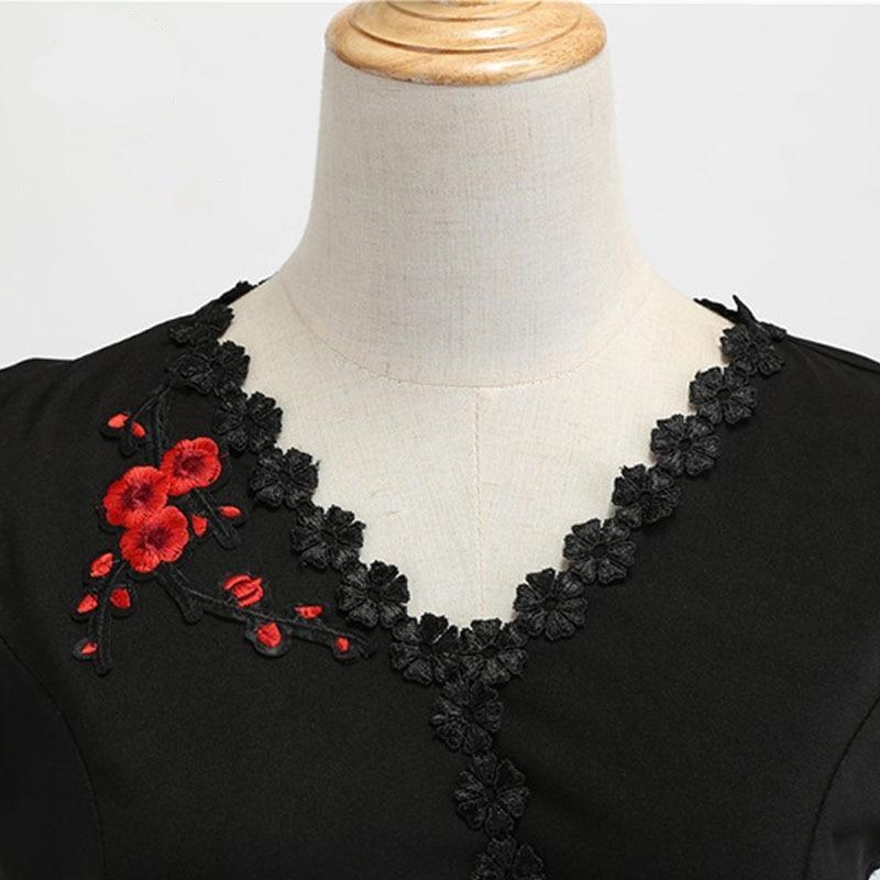 Embroidery Party Midi Dress Vintage V Neck Slim Dresses