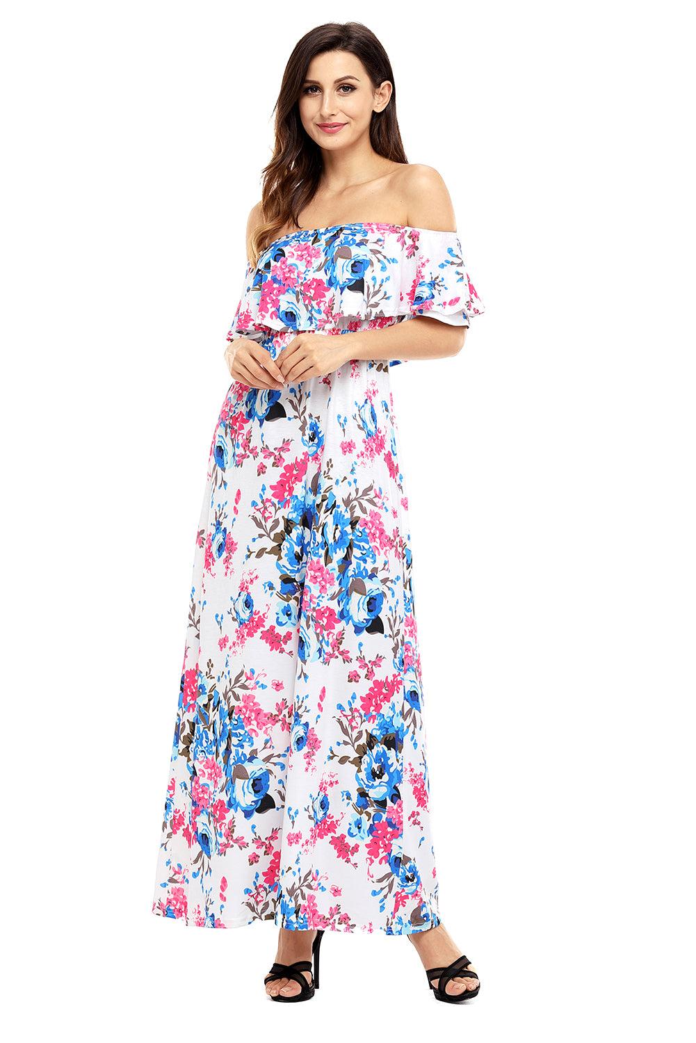 Flower Print Black Grounding Off Shoulder Long Boho Dress