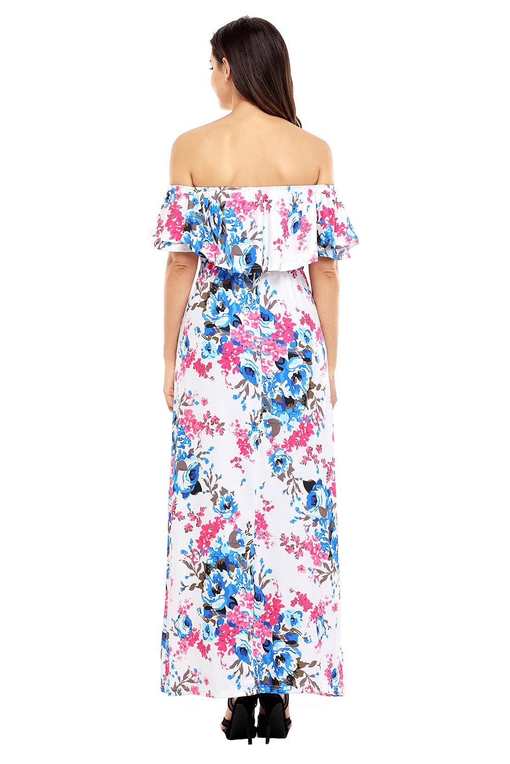 Flower Print Black Grounding Off Shoulder Long Boho Dress