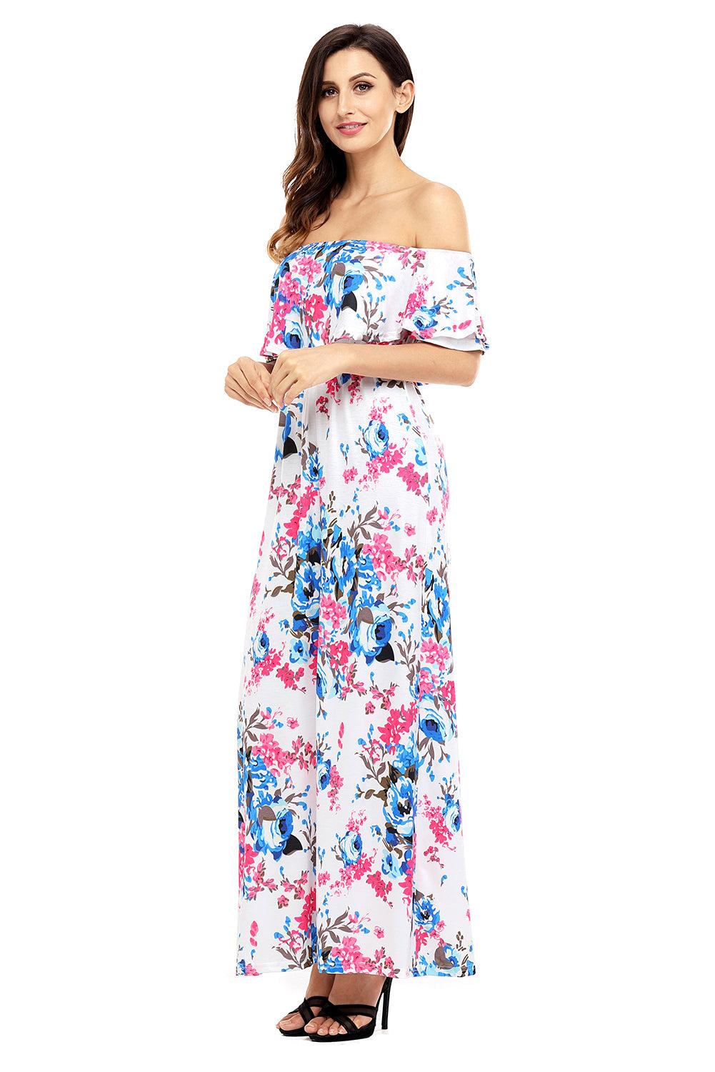 Flower Print Black Grounding Off Shoulder Long Boho Dress