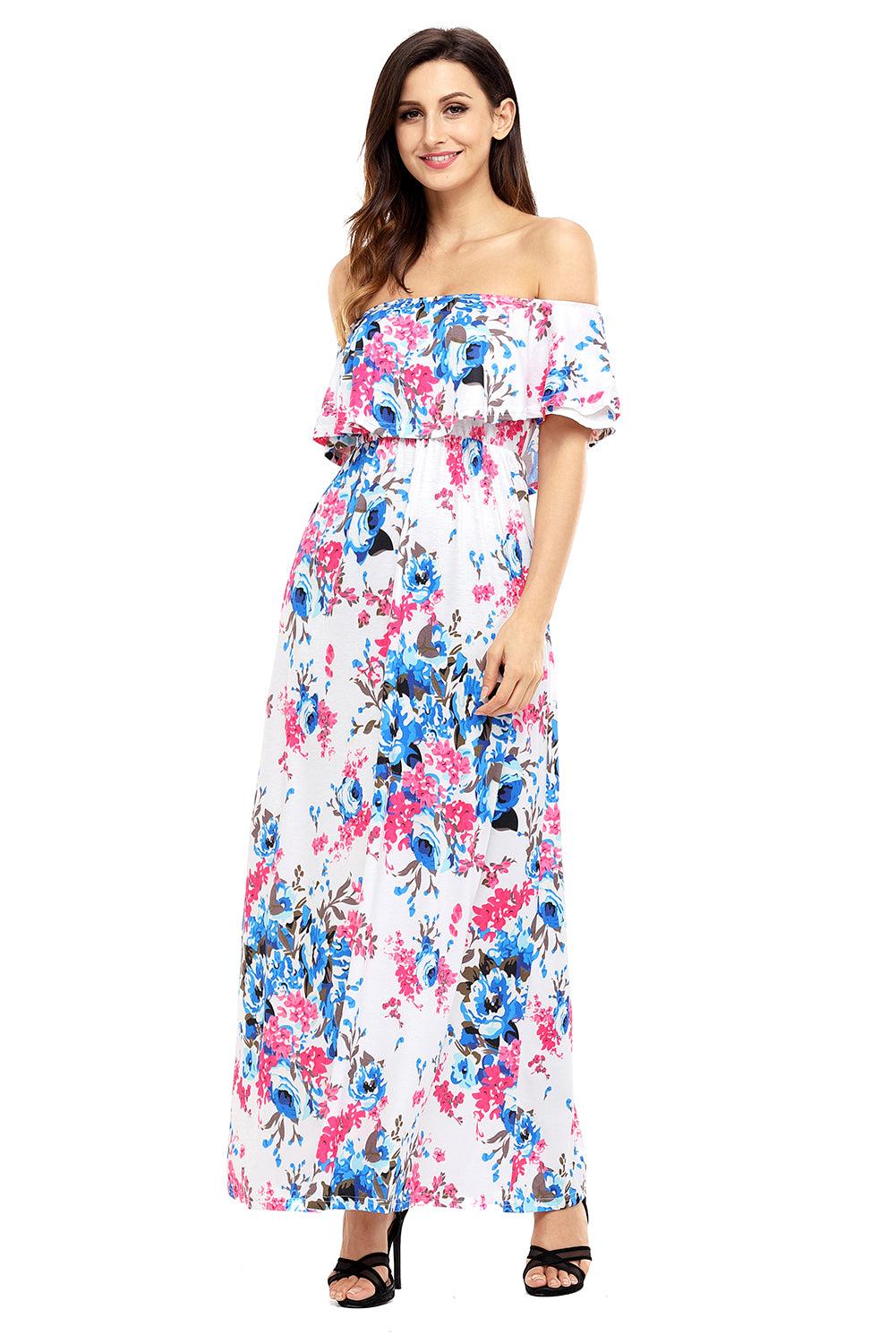 Flower Print Black Grounding Off Shoulder Long Boho Dress