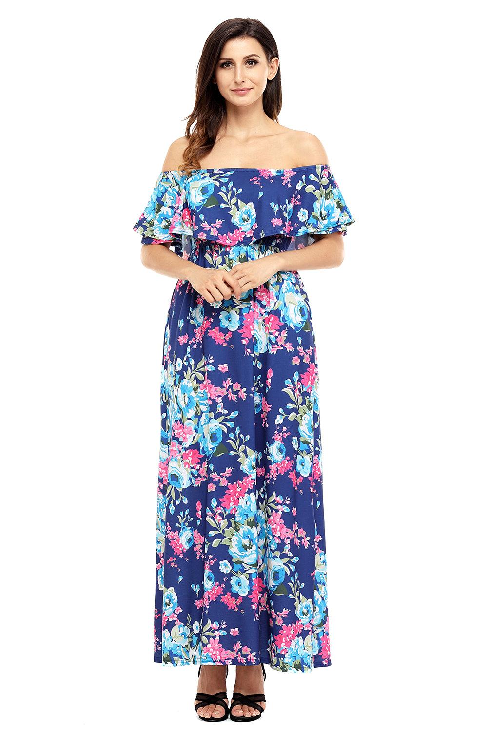 Flower Print Black Grounding Off Shoulder Long Boho Dress