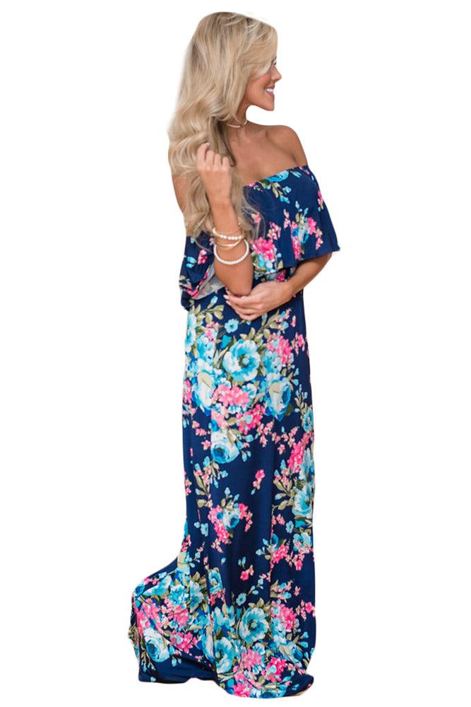 Flower Print Black Grounding Off Shoulder Long Boho Dress
