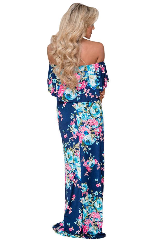 Flower Print Black Grounding Off Shoulder Long Boho Dress