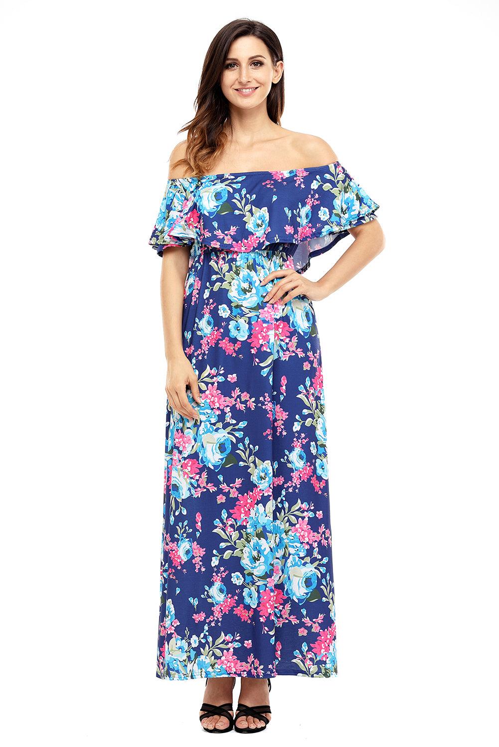 Flower Print Black Grounding Off Shoulder Long Boho Dress