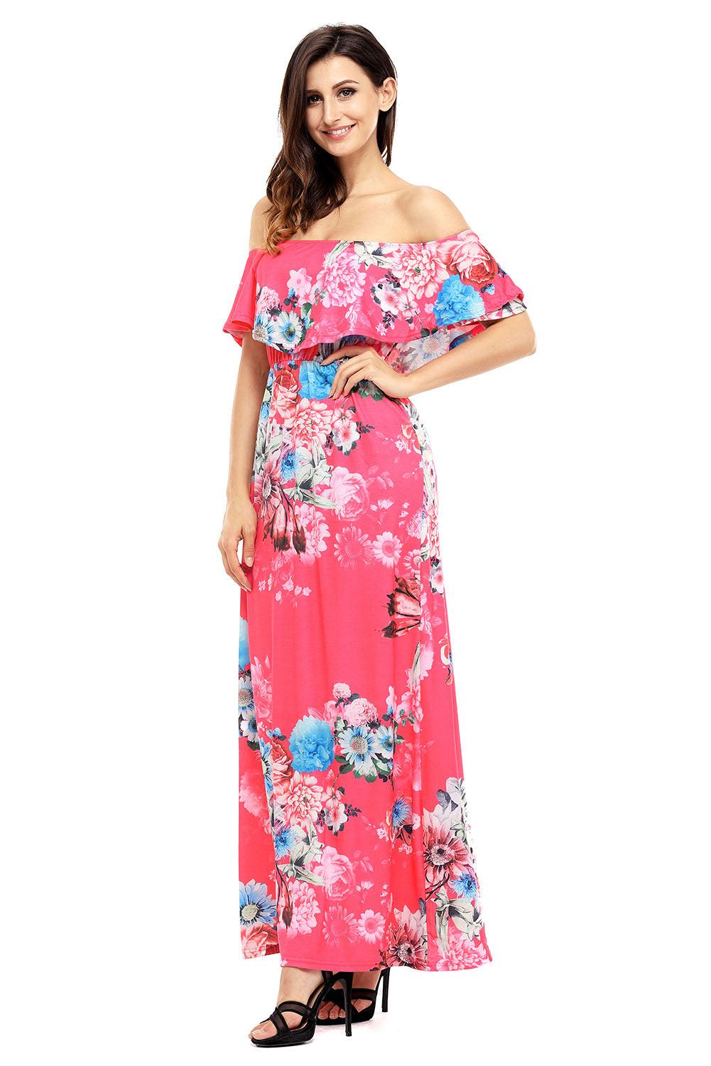 Flower Print Black Grounding Off Shoulder Long Boho Dress