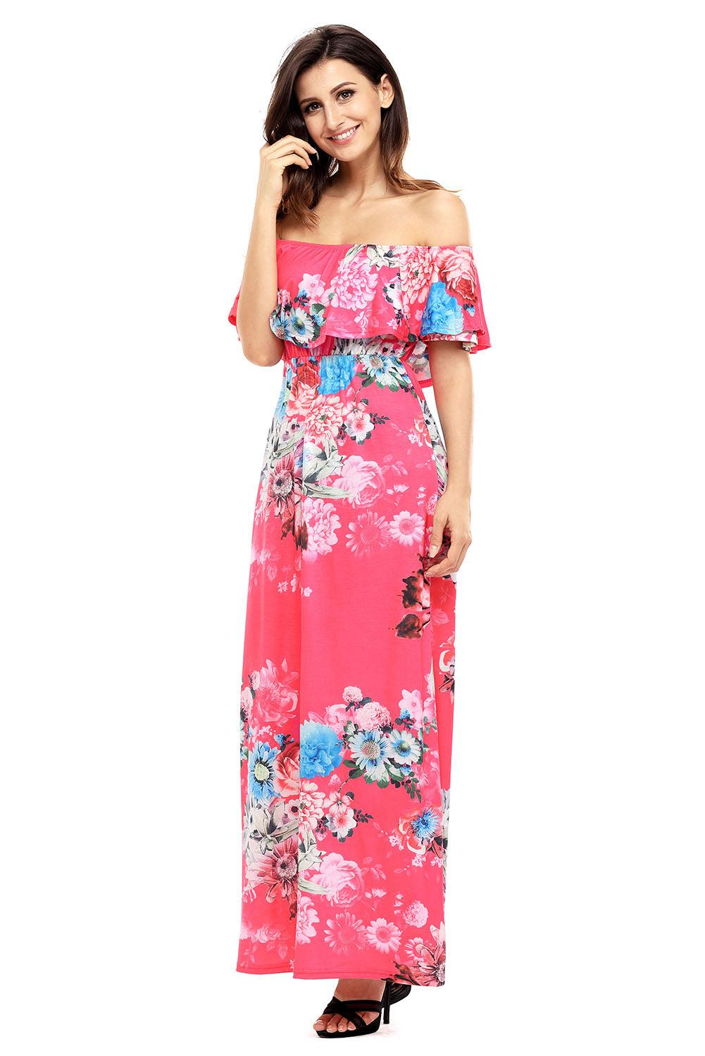 Flower Print Black Grounding Off Shoulder Long Boho Dress