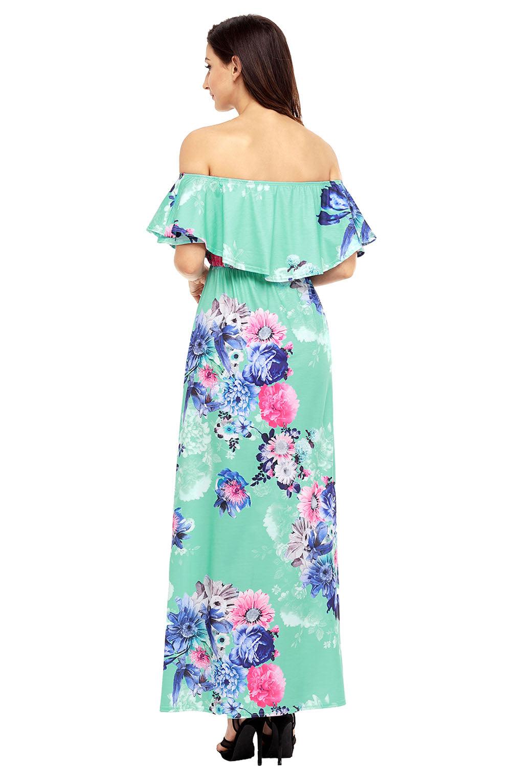 Flower Print Black Grounding Off Shoulder Long Boho Dress