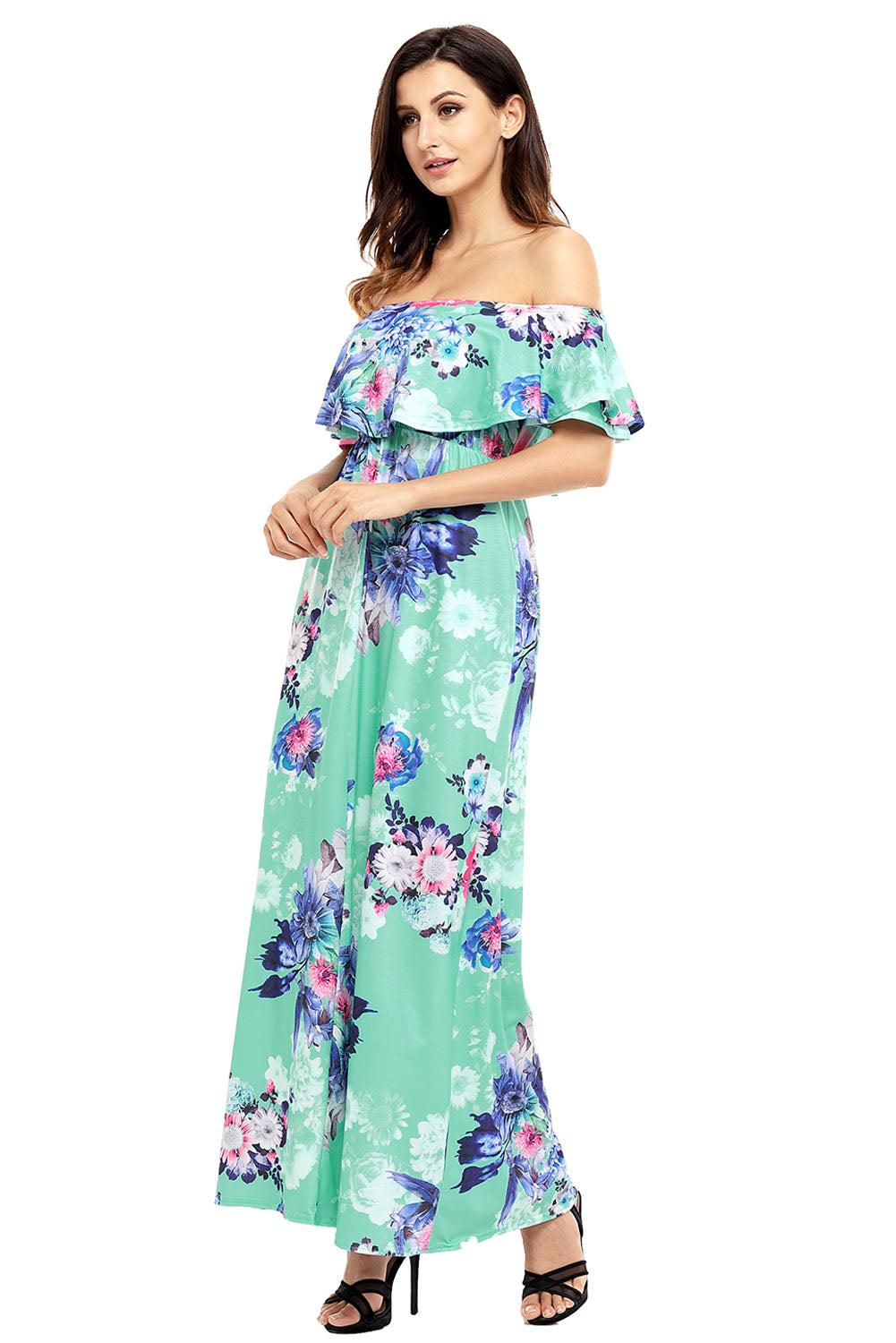 Flower Print Black Grounding Off Shoulder Long Boho Dress