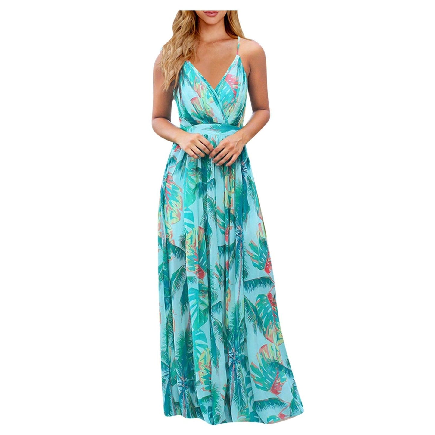 Women Casual Tropical Boho Floral Print  Backless Sundress Evening Party Beach Long Maxi Dresses Spaghetti Straps Dresses