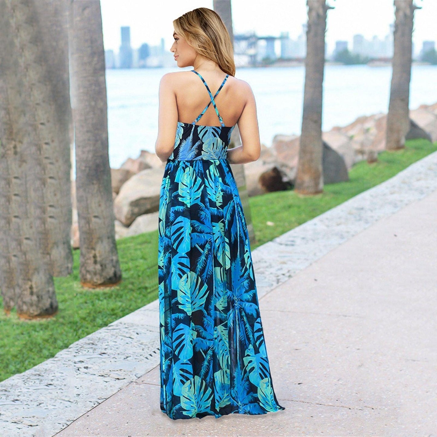 Women Casual Tropical Boho Floral Print  Backless Sundress Evening Party Beach Long Maxi Dresses Spaghetti Straps Dresses