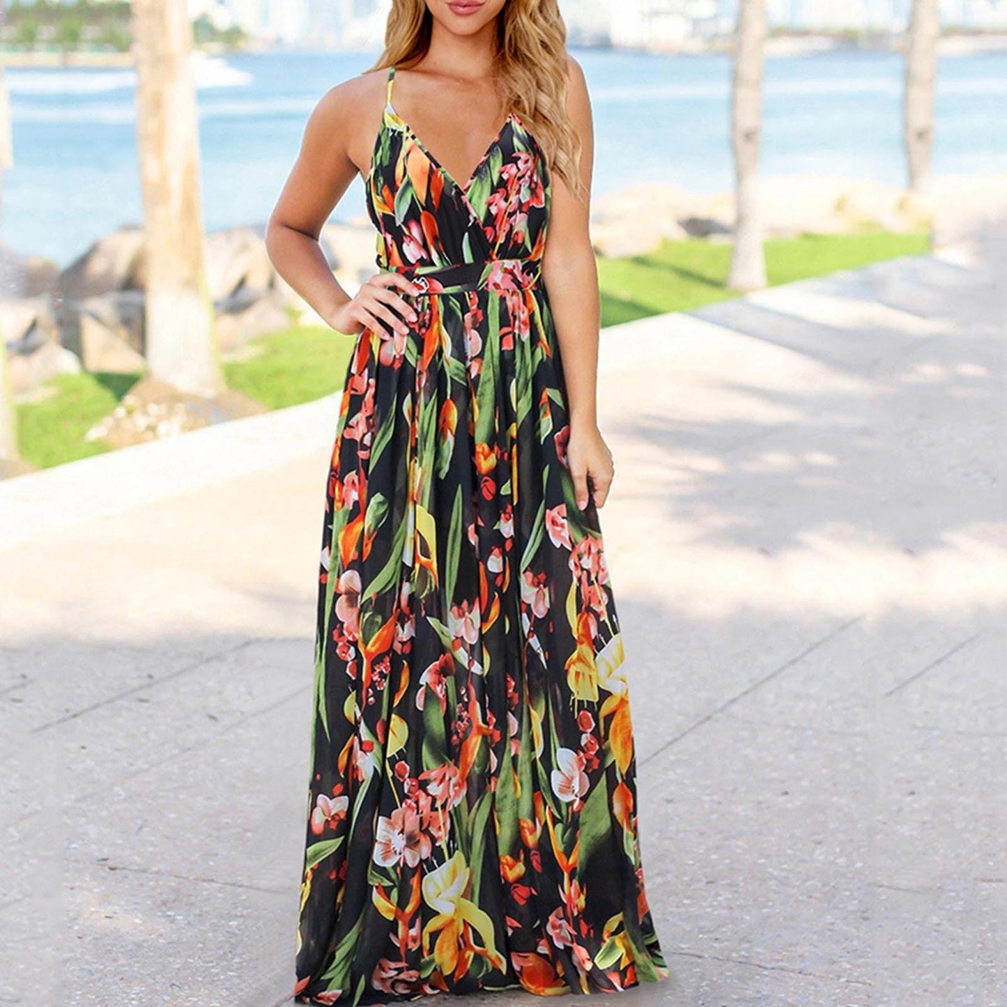 Women Casual Tropical Boho Floral Print  Backless Sundress Evening Party Beach Long Maxi Dresses Spaghetti Straps Dresses