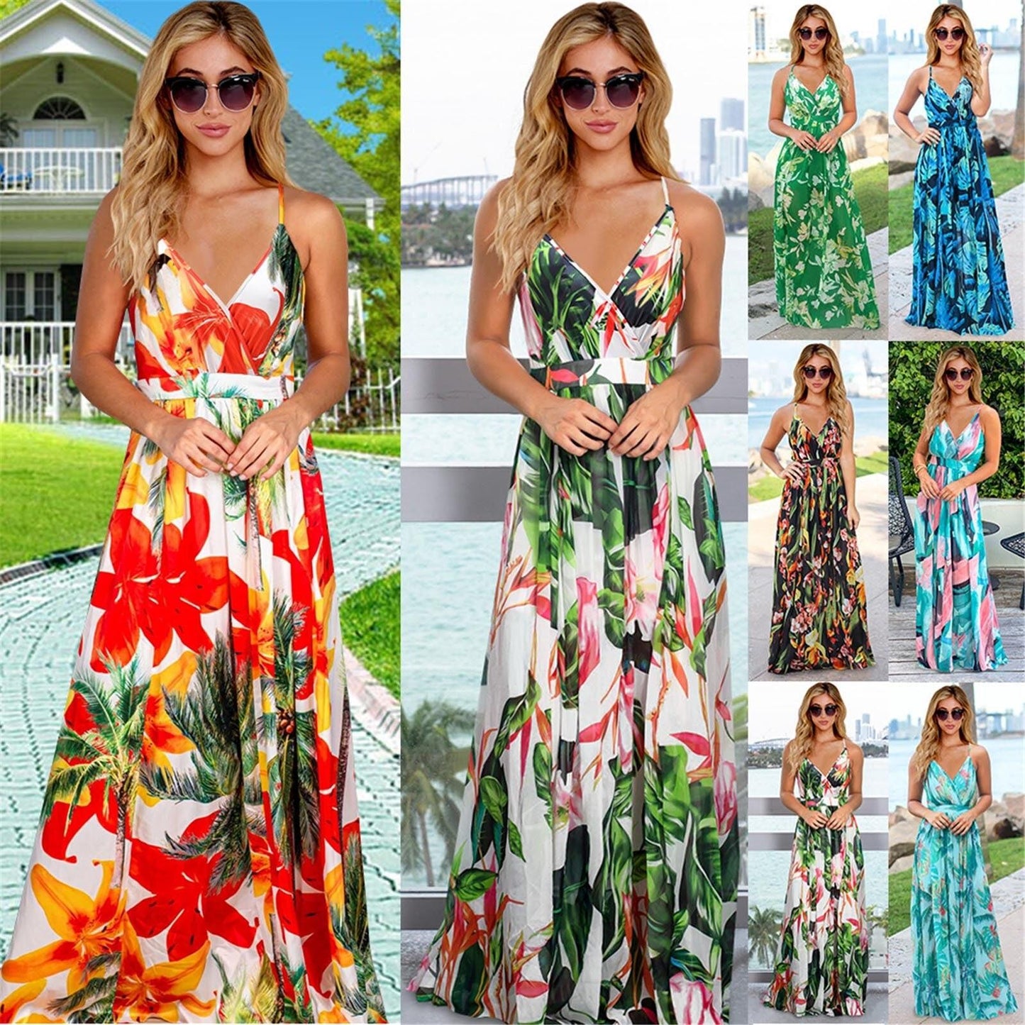 Women Casual Tropical Boho Floral Print  Backless Sundress Evening Party Beach Long Maxi Dresses Spaghetti Straps Dresses