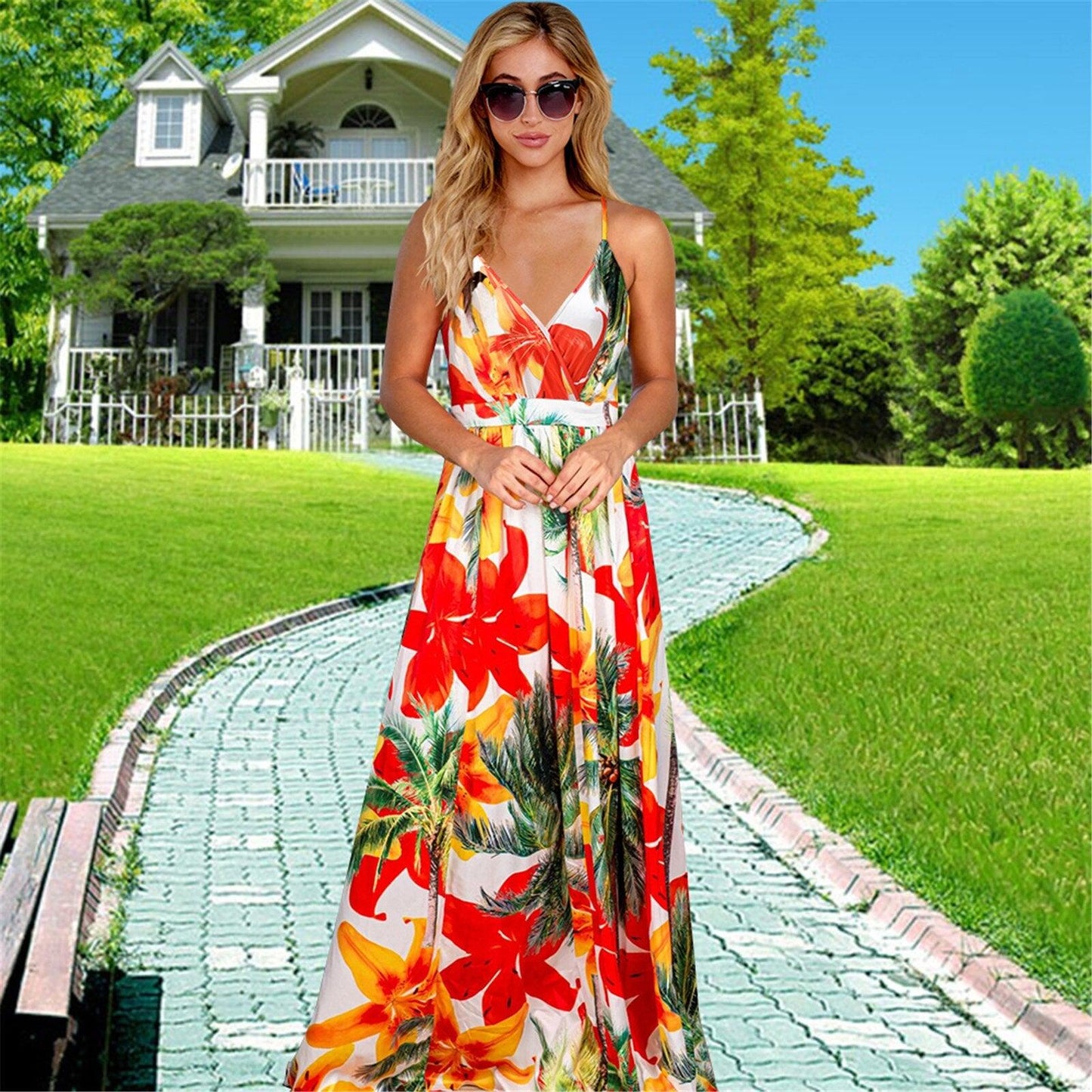 Women Casual Tropical Boho Floral Print  Backless Sundress Evening Party Beach Long Maxi Dresses Spaghetti Straps Dresses