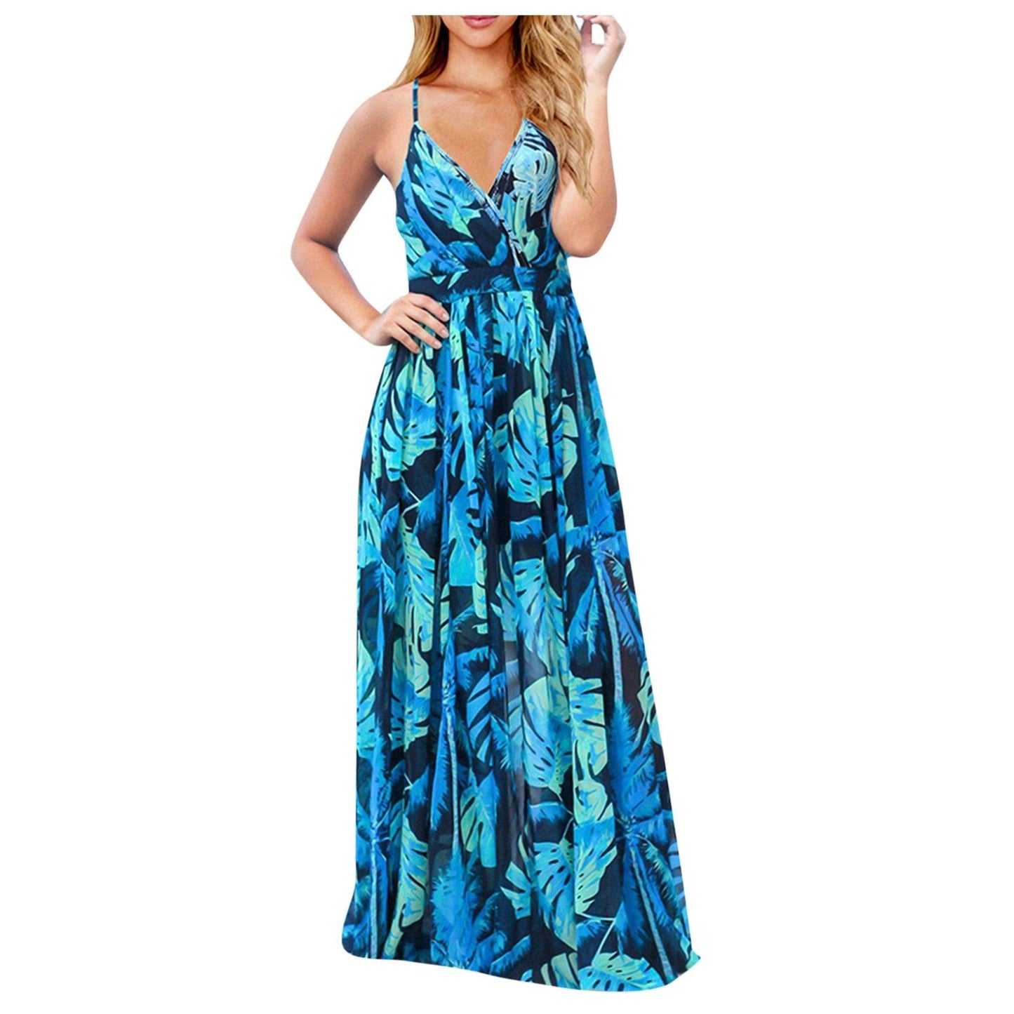 Women Casual Tropical Boho Floral Print  Backless Sundress Evening Party Beach Long Maxi Dresses Spaghetti Straps Dresses