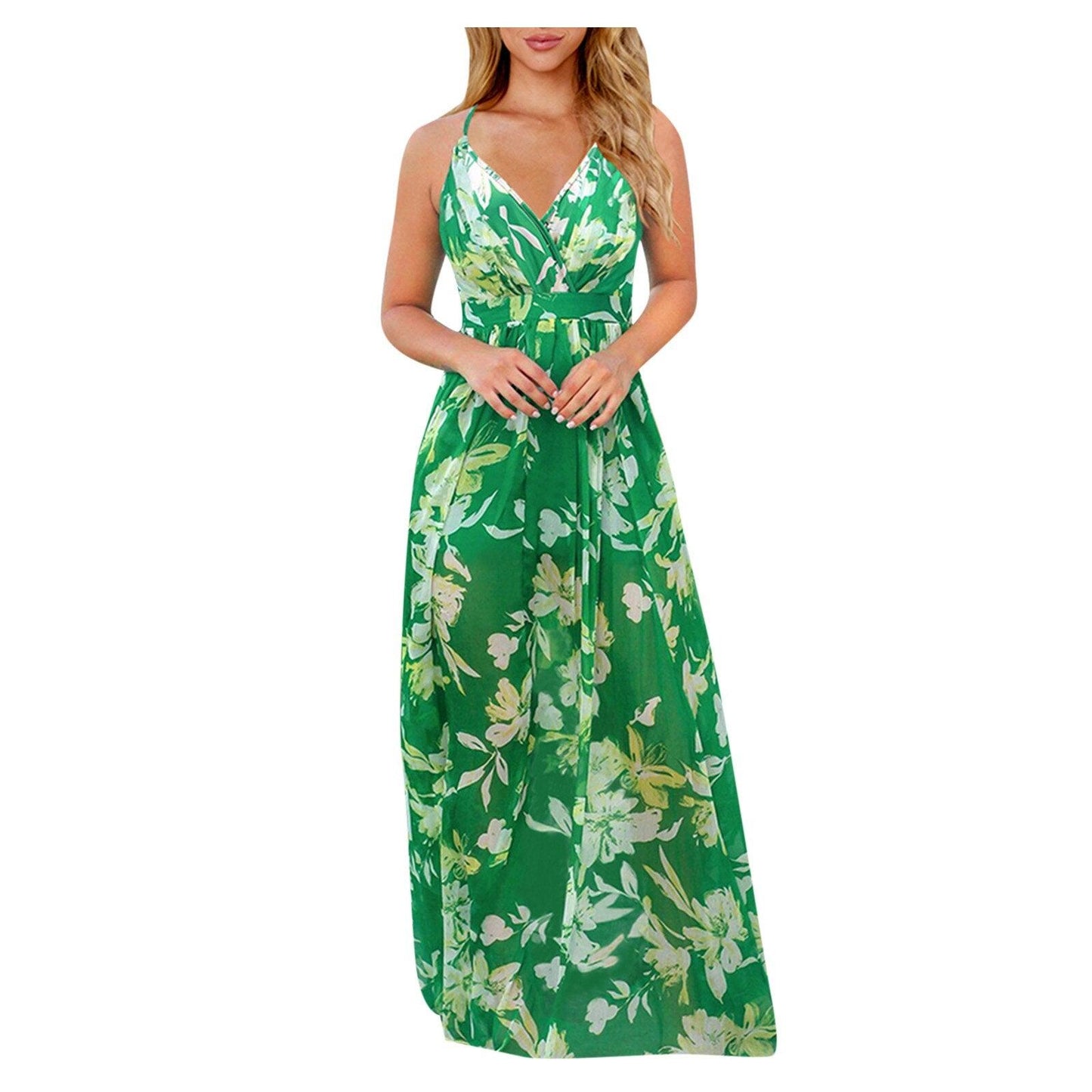 Women Casual Tropical Boho Floral Print  Backless Sundress Evening Party Beach Long Maxi Dresses Spaghetti Straps Dresses