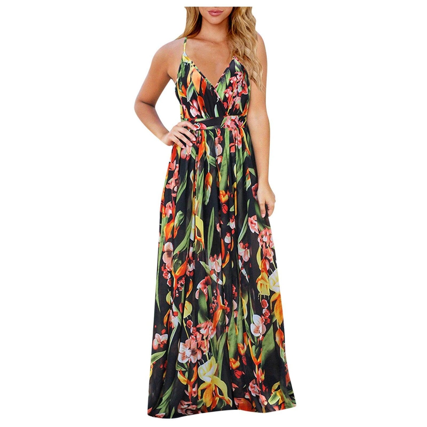 Women Casual Tropical Boho Floral Print  Backless Sundress Evening Party Beach Long Maxi Dresses Spaghetti Straps Dresses