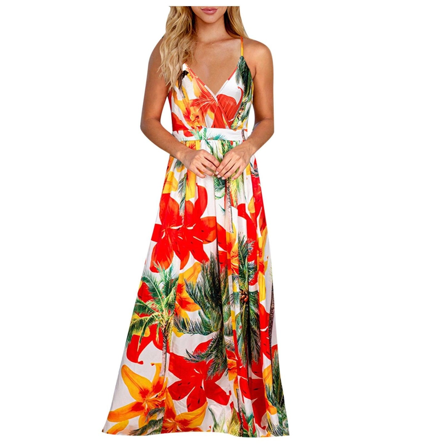 Women Casual Tropical Boho Floral Print  Backless Sundress Evening Party Beach Long Maxi Dresses Spaghetti Straps Dresses