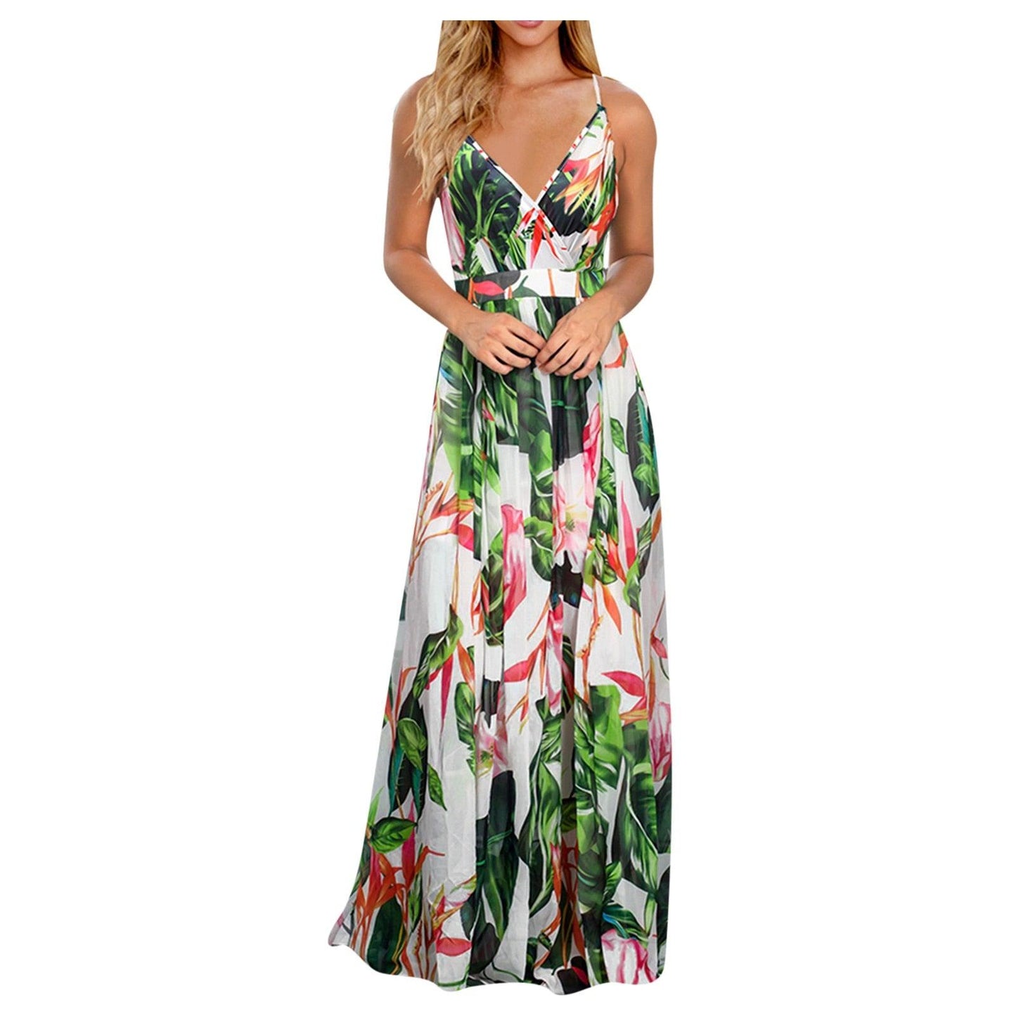 Women Casual Tropical Boho Floral Print  Backless Sundress Evening Party Beach Long Maxi Dresses Spaghetti Straps Dresses